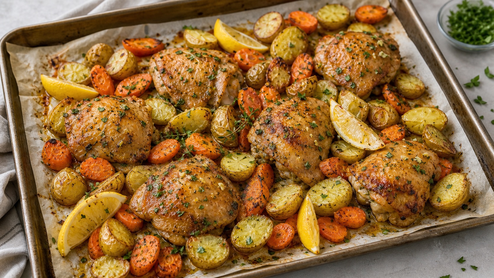 Sheet-pan chicken and potatoes with roasted carrots