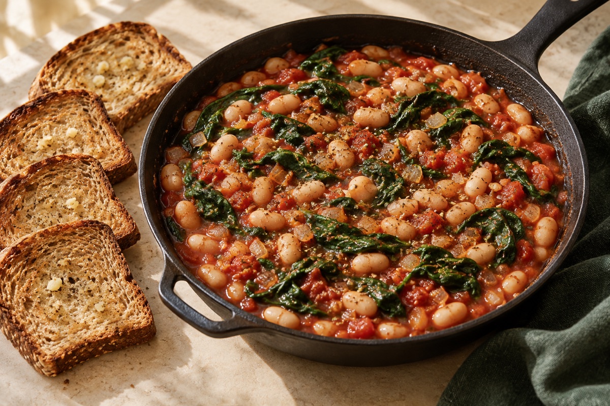 White beans in tomato sauce with wilted spinach and whole-grain toast