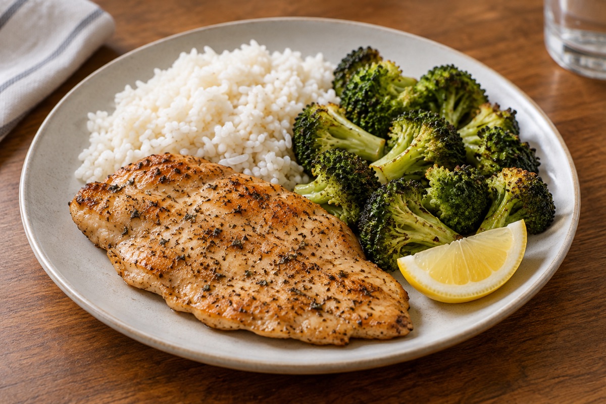 Illustration par IA de Lemon Herb Chicken Cutlets with Roasted Broccoli & Rice