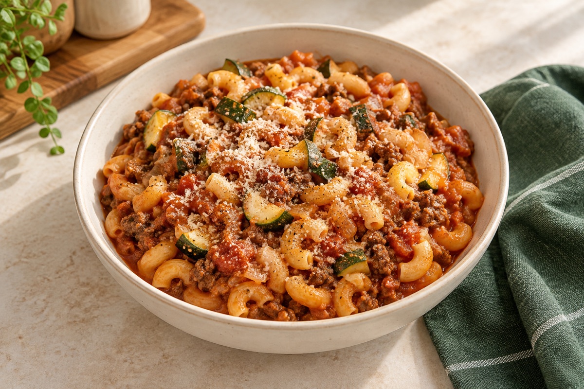 Illustration par IA de One-Pot Beef & Zucchini Pasta