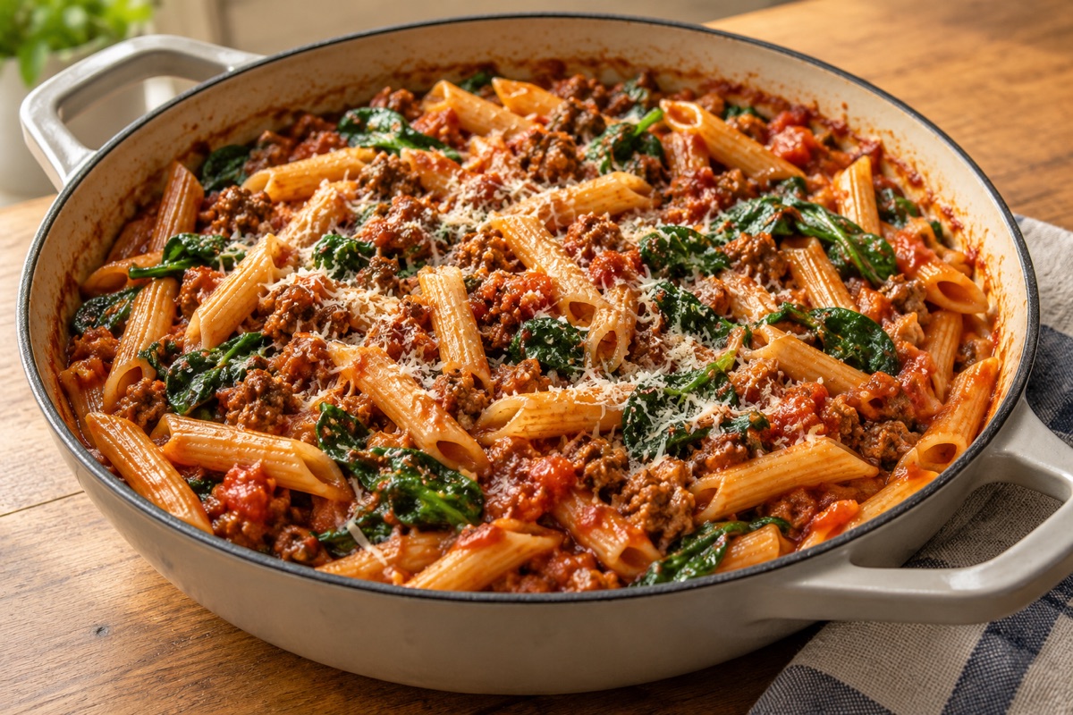 Illustration par IA de One-Pot Italian Beef & Spinach Pasta