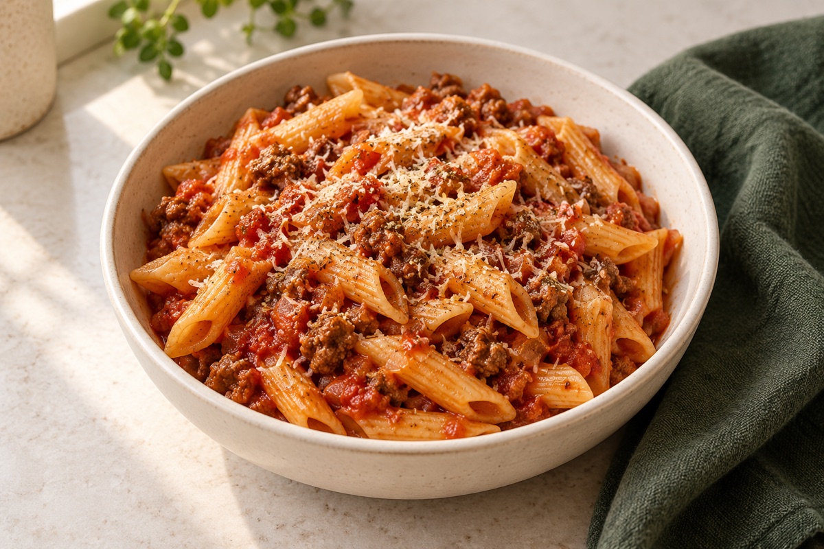 Illustration par IA de Quick Penne with Classic Meat Sauce