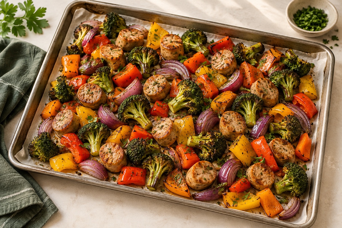 Illustration par IA de Sheet Pan Chicken Sausage & Peppers