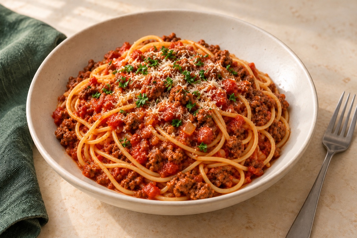 Illustration par IA de Speedy Beef Bolognese with Spaghetti